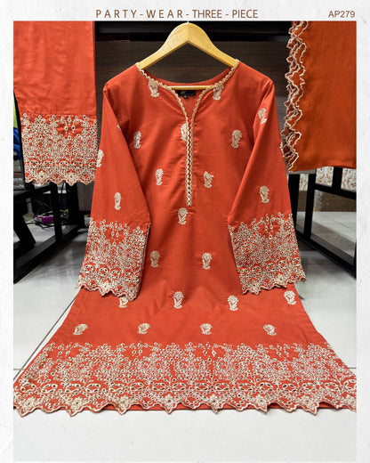 Three piece Partywear suit  pure lawn cotton with boring style embroiderey on daman sleeves and trouser belt with cutwork style   chiffon embroiderey dupatta with four side cutwork border